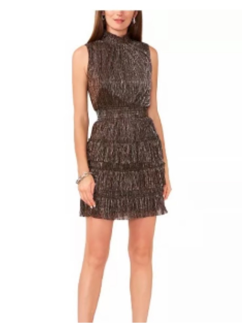 Macy’s MSK Sleeveless Metallic Tiered Mini Dress in Black and Gold Large Petite